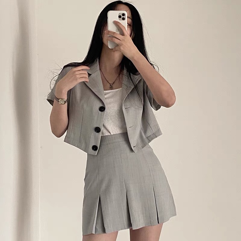 Korea Summer Two Piece Set Elegant Notched Office OL Short Blazer + High Waist Mini Pleated Skirts Outfits 210519