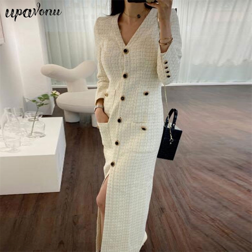 Free Autumn Women Woven Woolen Long Blazer Dress Sexy V-neck Sleeve Single Breasted Bodycon Vestido 210524