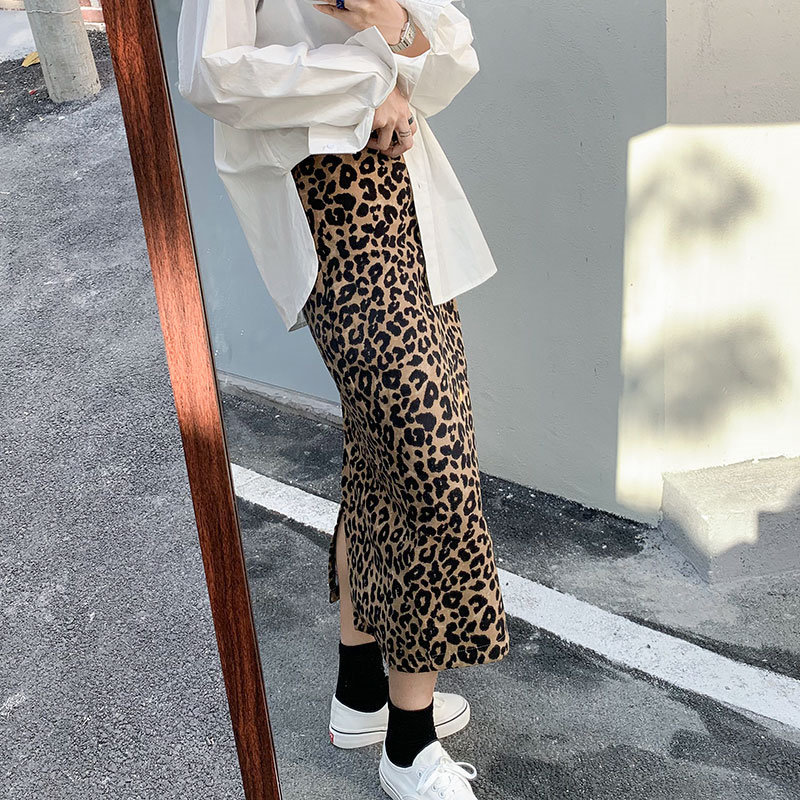 Fashion Leopard Female Arrival Animal Printed Split Skirts Women High Waist Streetwear OL Elegant Long 210421