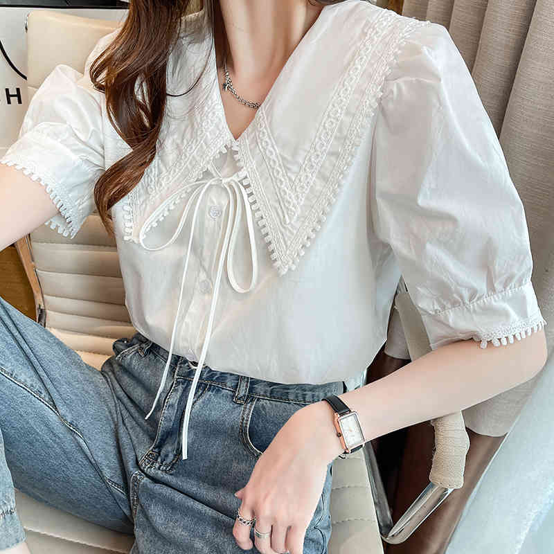 Comelsexy Spring/Summer Peter Pan Collar Blouse Women's Simple Lace Solid Color Short Sleeve Shirt Ladies Sweet Tops 210515
