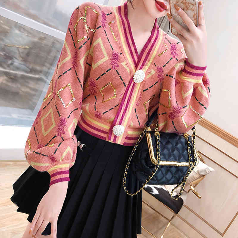 Fashion Spring Fall Knit Cropped Cardigan Lantern Sleeve Casual V-Neck Slim Argyle Women Sweater Outwear High Quality C-180 210522