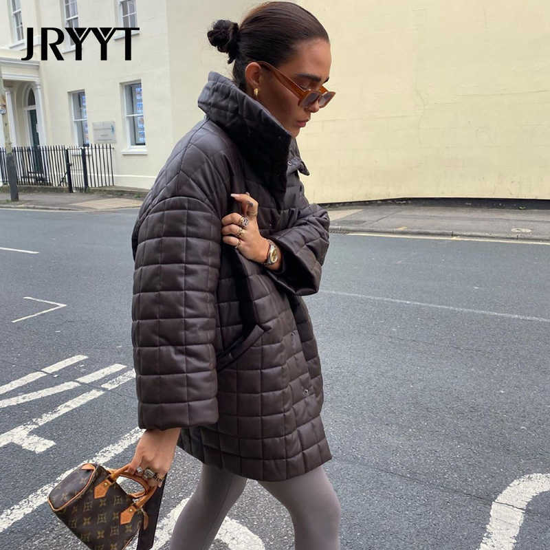 JRYYT PU Leather Oversized Belted Coats Women Winter Button Cotton Padded Parkas Mujer Office Lady Pocket Jackets Femme 210819