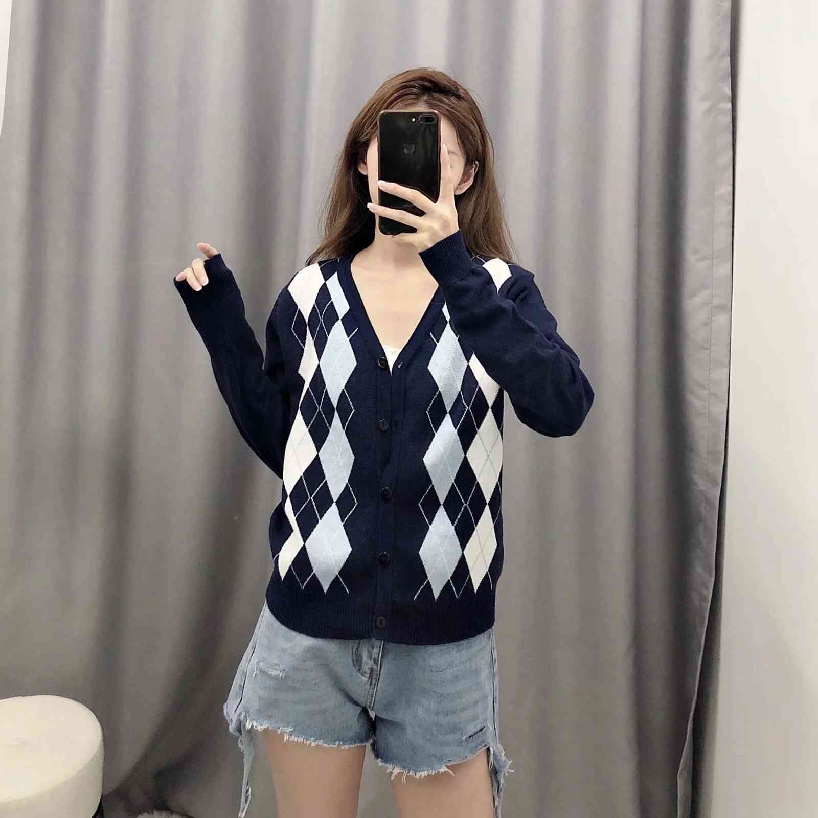 Vintage argyle pink Cardigan sweater women crop Sweater Fashion Long Sleeve knitted casual coat Chaqueta 210521