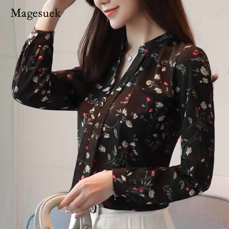 Autumn Long Sleeve Women's Blouses Print Chiffon Tops Fashion V-Neck Women Office Lady Shirt Blusas Mujer Z0001 40 210518