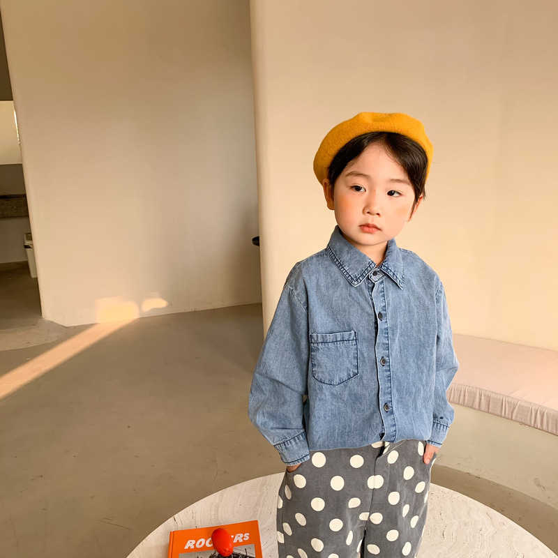 Spring fashion thin denim shirts brother and sister long sleeve turn-down collar shirt all-match base Tops 210713