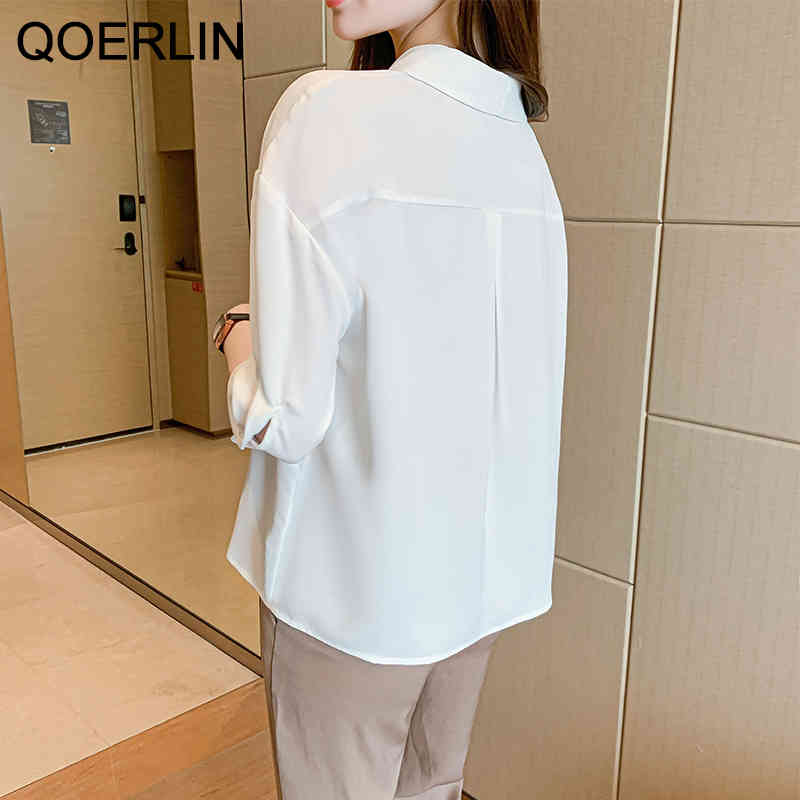 QOERLIN OL Style Formal Black Top Shirts Women Plus Size VNeck Chiffon Shirts Female Elegant Half Sleeve Fashion White Blouse 210412