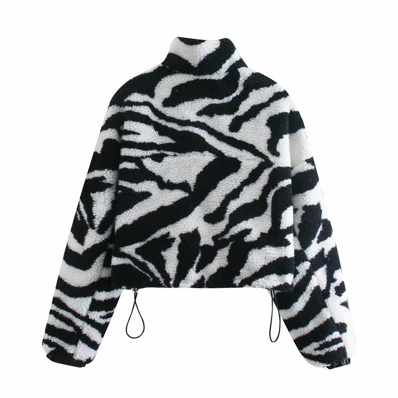 Winter Warm Faux Fur Zebra Coat Crop Teddy Stand Collar Long sleeve Zipper Women Jacket Motorcycle Cool Girl Outerwear 210429