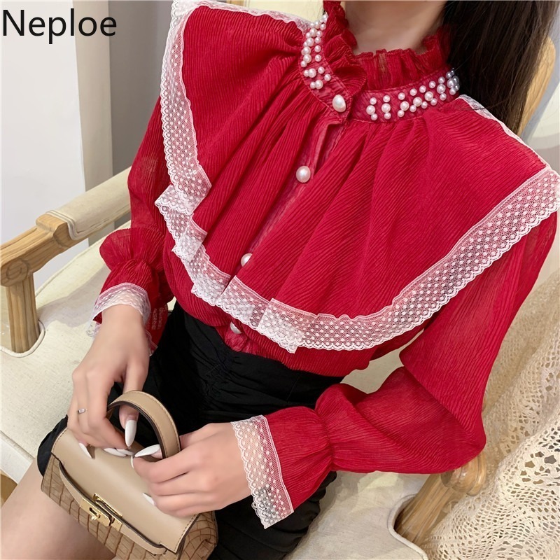 Neploe Fashion Lace Women Shirts Spring Clothes Blouses Half Urtleneck Ruffles Lantern Sleeve Blouse Elegant Beading Blusas Tops 210422
