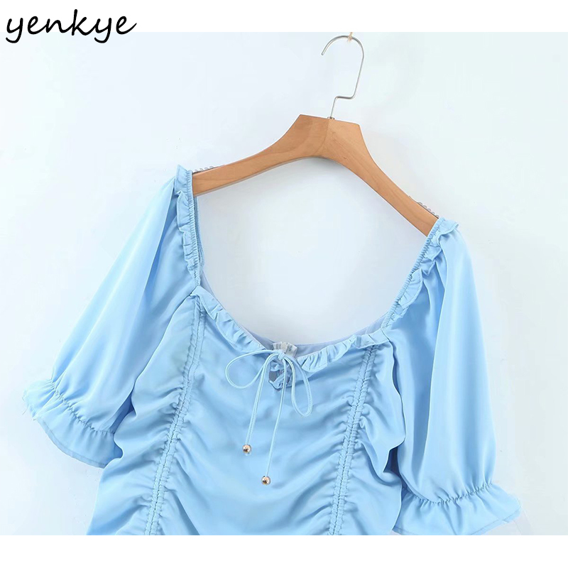 YENKYE Vintage Solid Color Drawstring Draped Dress Women Sexy Square Neck Short Sleeve Bodycon Mini Dress Summer Vestido 210515
