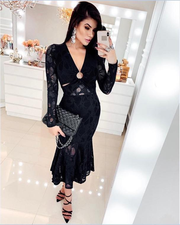 Women Dress V Neck Hollow Out Black Lace es Perspective Sexy Mermaid High Waist Long Summer es 210513