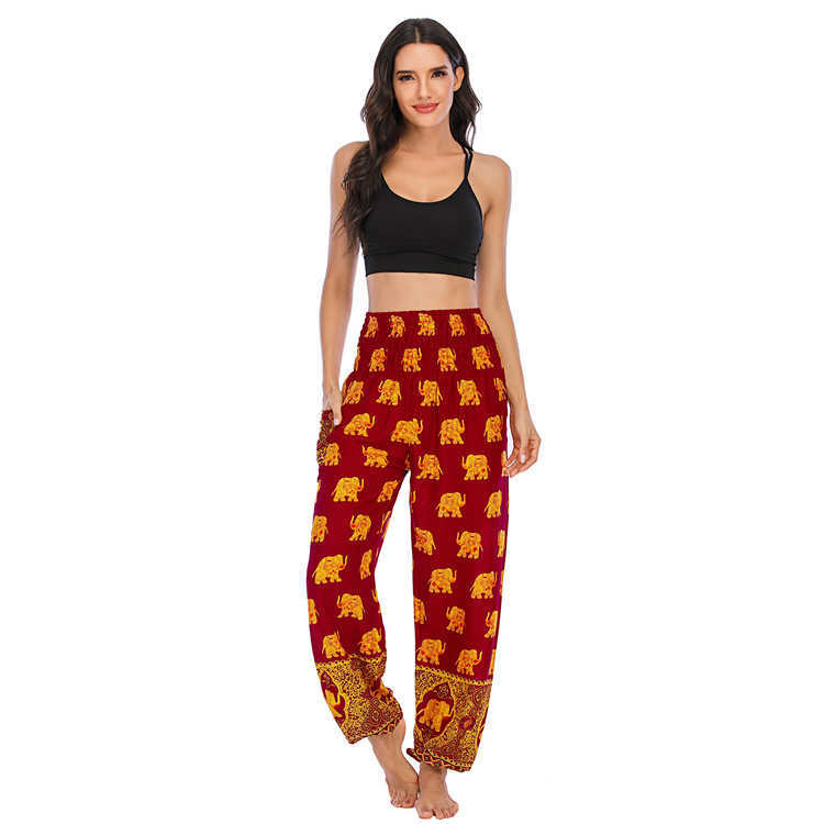 Bohemia Ladies Golden Elephant Printed High Waist Pants Thailand Elastici Jogger Woman Trouser Summer Thin Harem 210604