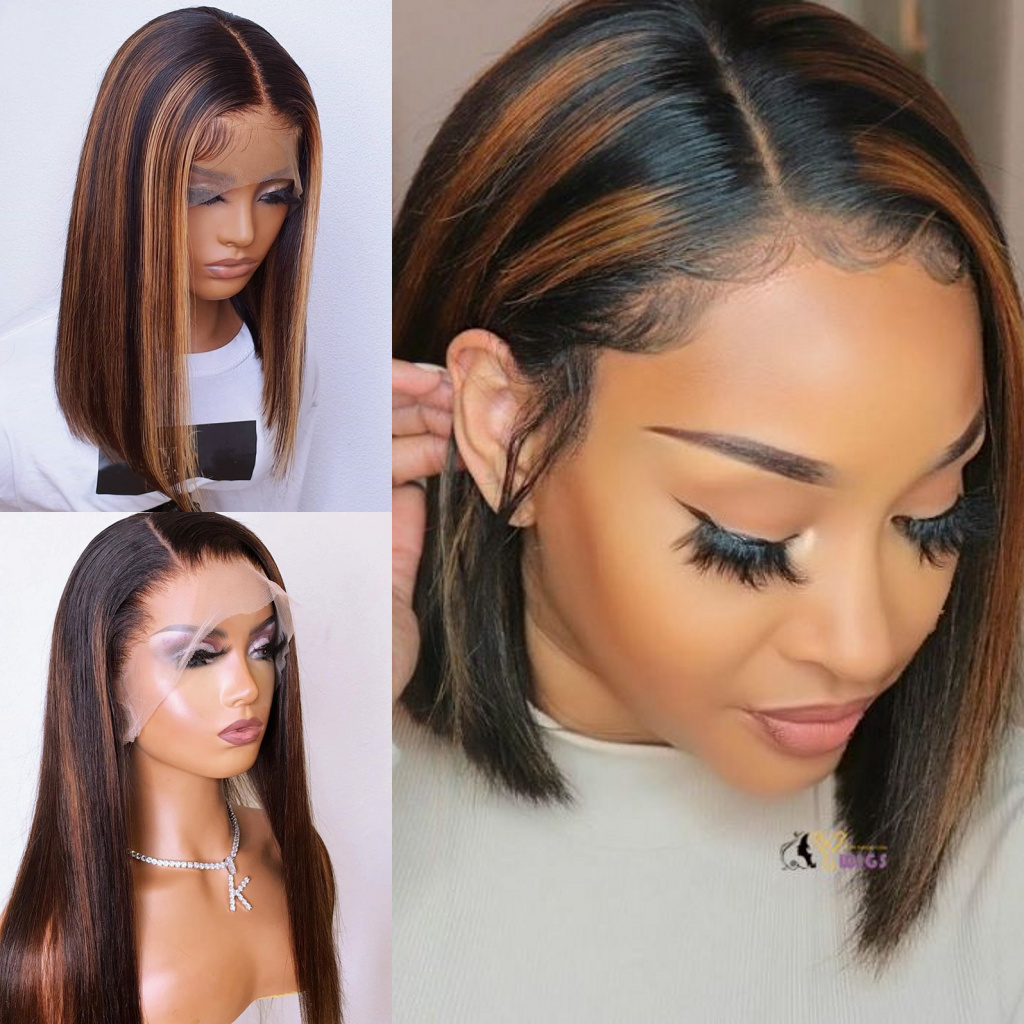 Free shipping Highlight Lace Front Wig Ombre Brown Colored Brazilian Short Bob Human Hair for Women Pre plucked Synthetic Wigs