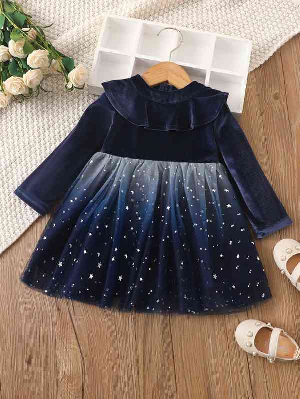 Baby Ruffle Trim Star Mesh Hem Velvet Dress SHE