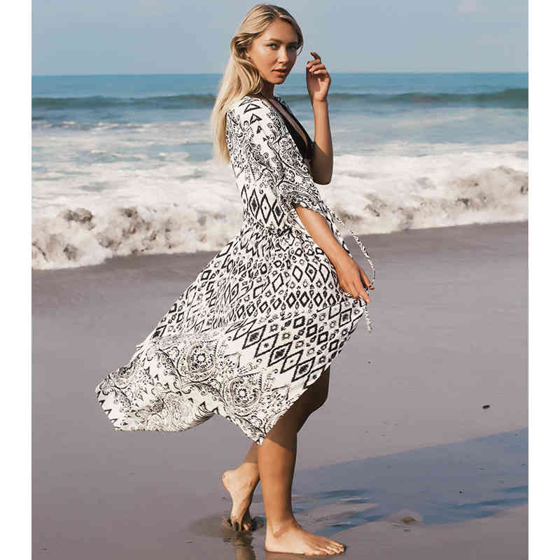 Sexy Bikini Cover-ups Cotton Tunic Boho Printed Summer Beach Dress Elegant Women Plus Size Wear Swim Suit Cover Up Q1114 210420