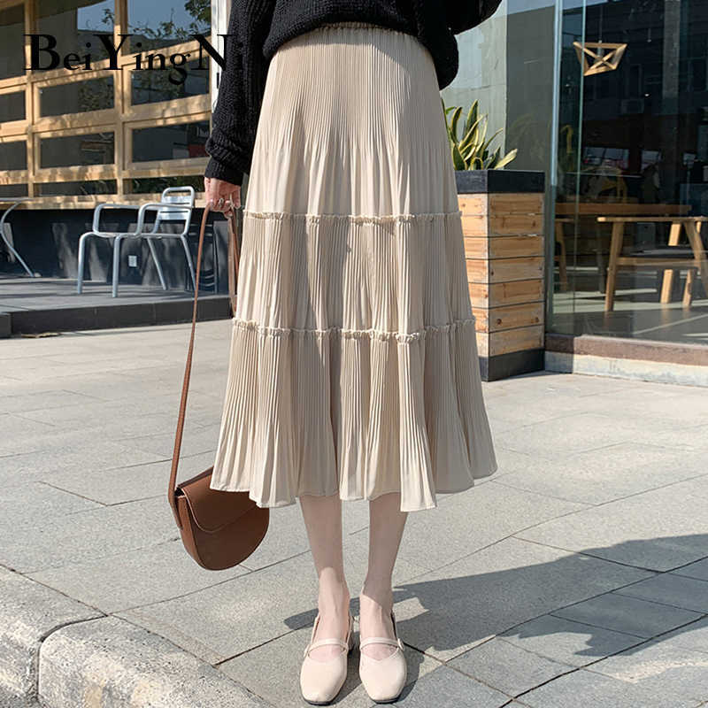 Beiyingni Pleated Skirt Women Vintage Casual Chiffon Shift Long High Waist Skirts Womens Patchwork Midi Saia Black White Faldas 210619