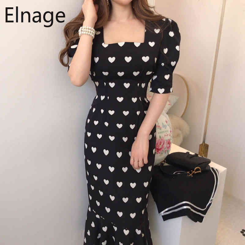 Spring Summer Chic Women Dress Half Sleeve High Waist Heart Print Female Casual Square Collar Office Lady 5B050 210429