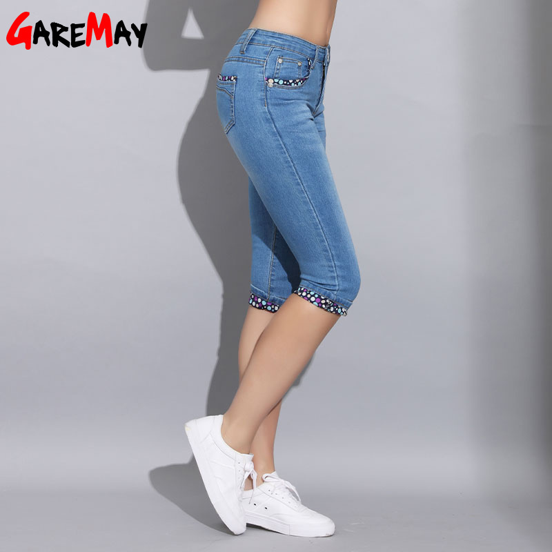 Skinny Capris Jeans Woman Summer Blue Denim Knee Length Women's Polka Dot Pants Capri for Women Jean Femme 210428