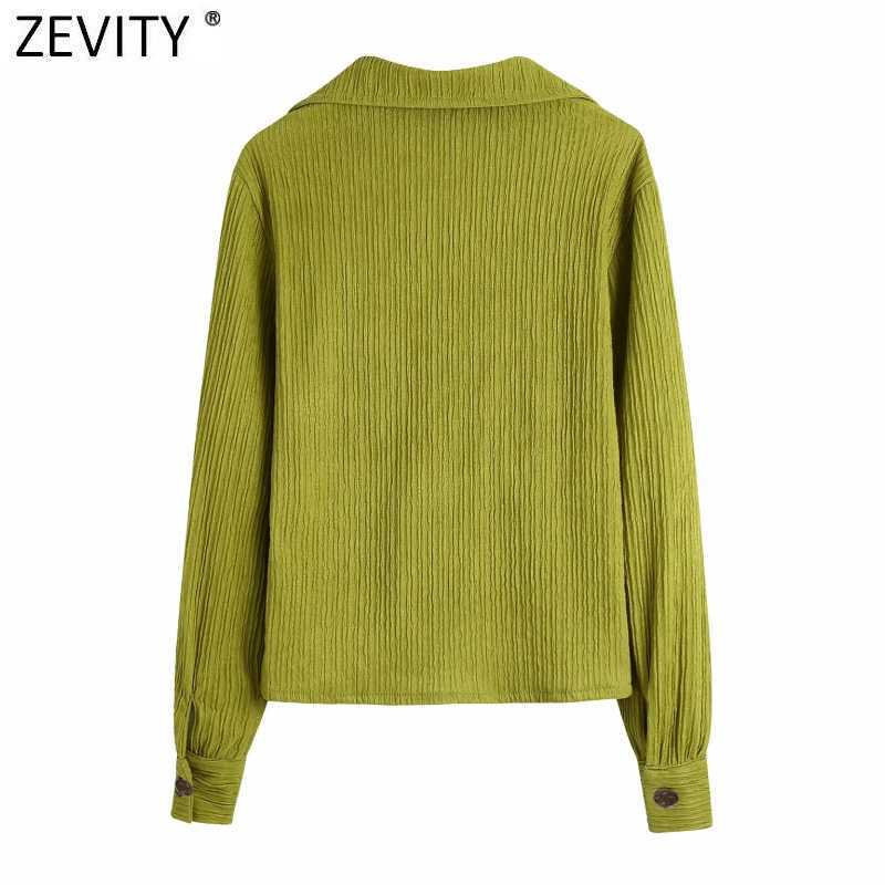 Zevity Women Vintage Pleated Green Blouse Lady Long Sleeve Chic Slim Shirt Femininas Turn Down Collar Casual Blusas Tops LS9216 210603