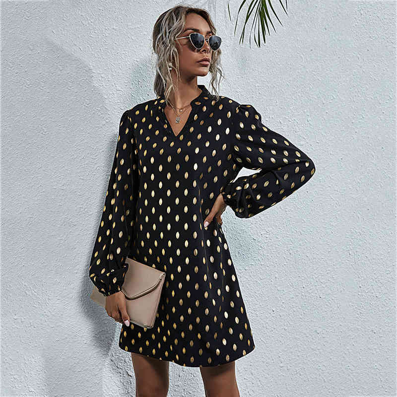Foridol Gold Polka Dot Long Sleeve Dress Women Spring Autumn Black Casual Short Loose Dress V Neck Shirt Dresses 210415