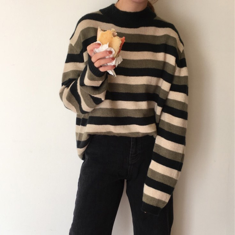 2 colors Autumn Winter Women Pullovers And Sweaters Jumper preppy style soft Warm stripe knitted Sweater Female (C9022) 210423