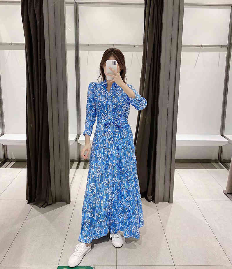 Lady Fashion Floral Print Long Dress Spring Sleeve Sashes Shirt Women Turn Down Collar Female Loose Casual 210515