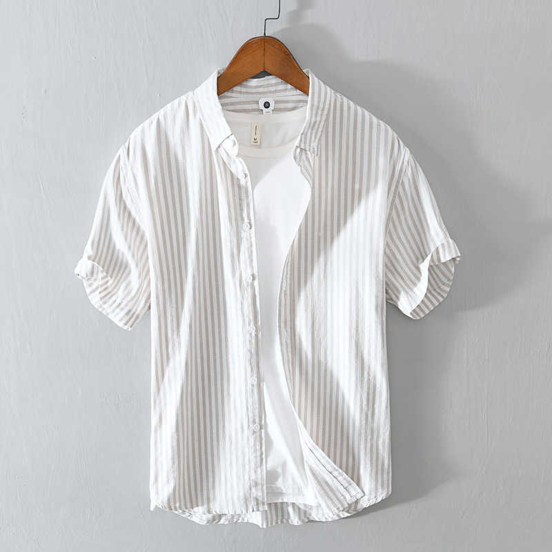 Summer and Spring Men Short Sleeve Striped Shirt Loose Cotton Casual Youth Top Workwear Khaki Blue GCL867 210721