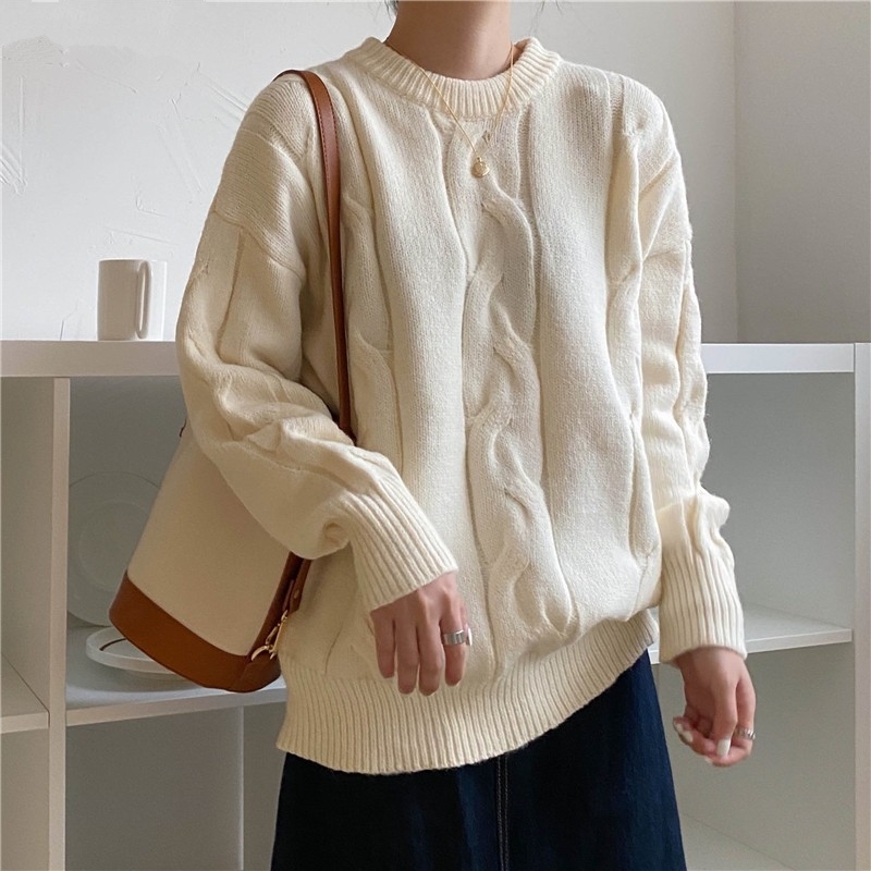 Korean Twisted Knitted Thicken Sweaters Tops Women Autumn Winter Long Sleeve O-neck Casual Fashion Jumpers Pullovers Femme 210515