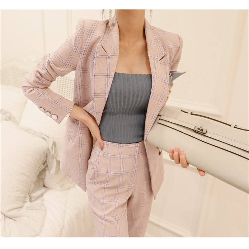 Arrival Fashion Pants Suits Women Blazer 2 Two Piece Set Plaid Striped Jacket & Pant trajes de mujer 210520
