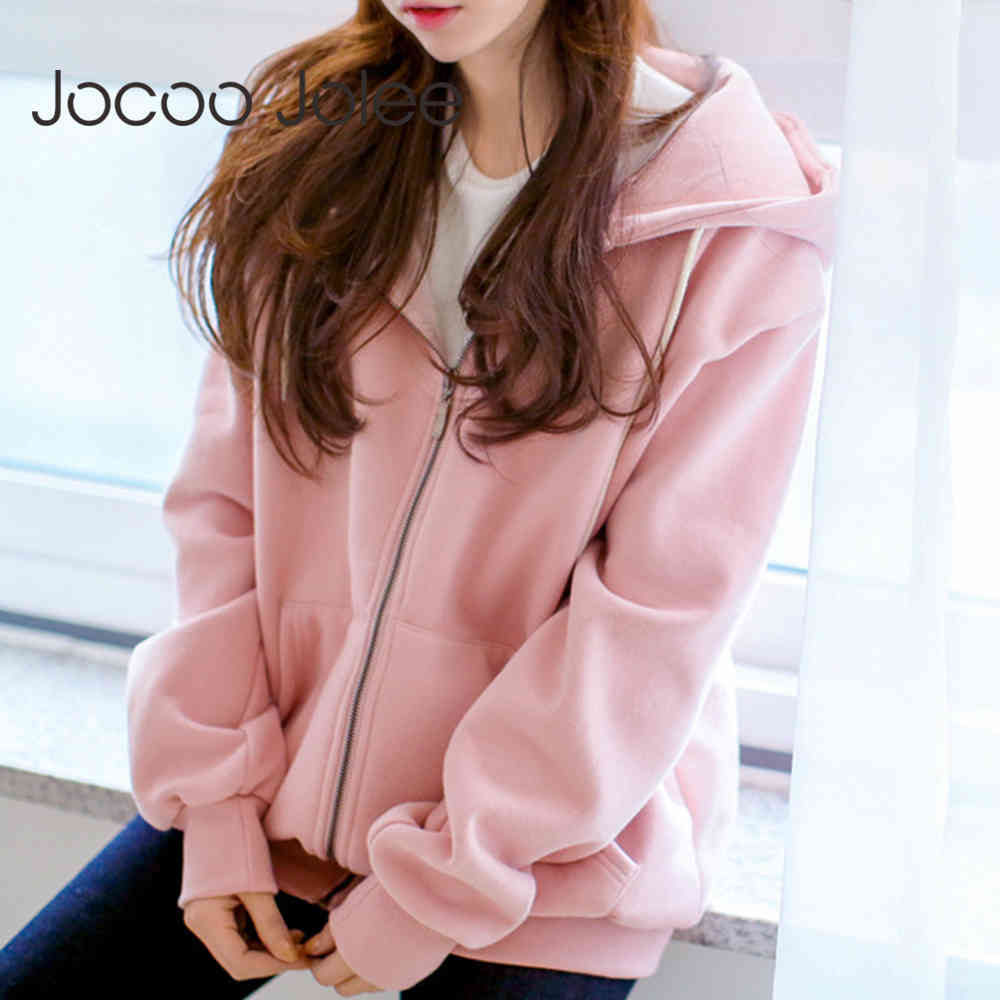Women Korean pop Solid Zipper Up Hoodies Boyfriend Style Loose Coat Autumn Jackets Plus Size Outwear Fashion 210428