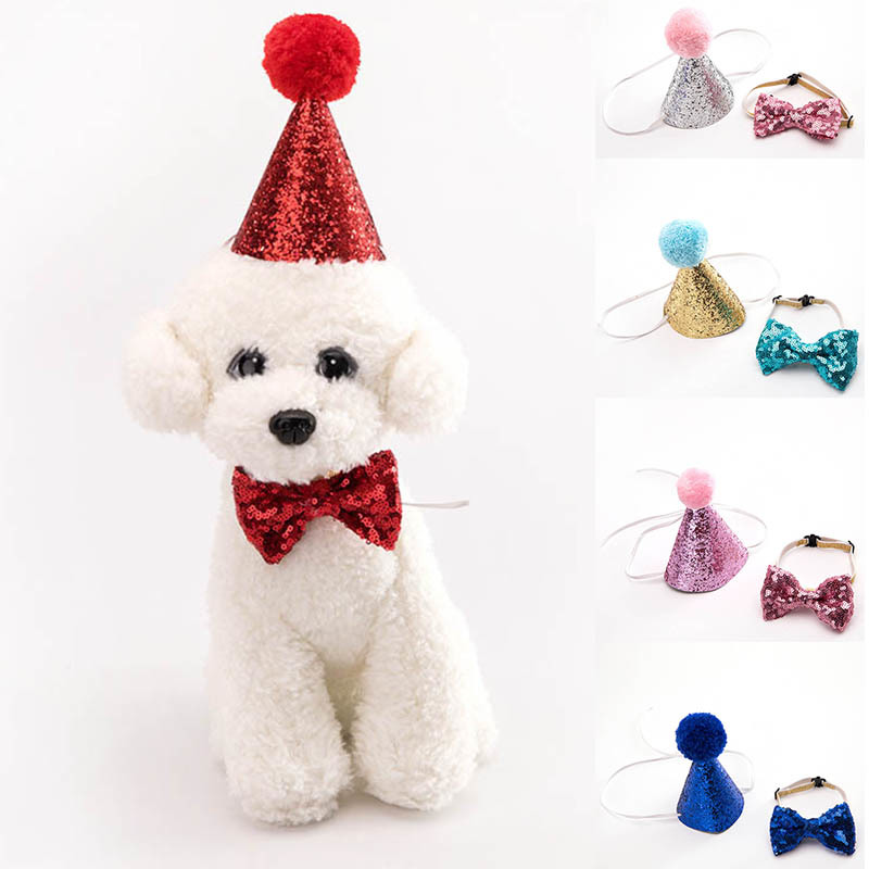 Pet Accessory Sequin Design Adjustable Dog Birthday Bowknot Cute Costume Headwear Hat Cat Cap 1 Set Birthday Party Tools