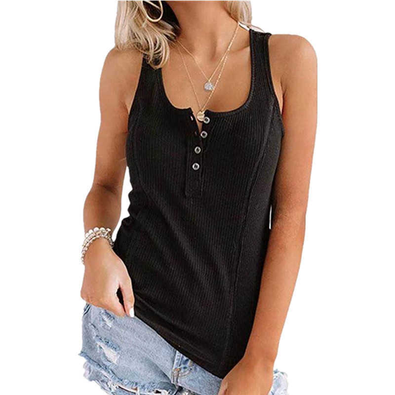 Sleeveless Tank Top Women Summer U-neck Button Woman Casual Ribbed Crop Sexy 90s Female Loose s for Streetwear Black 210604