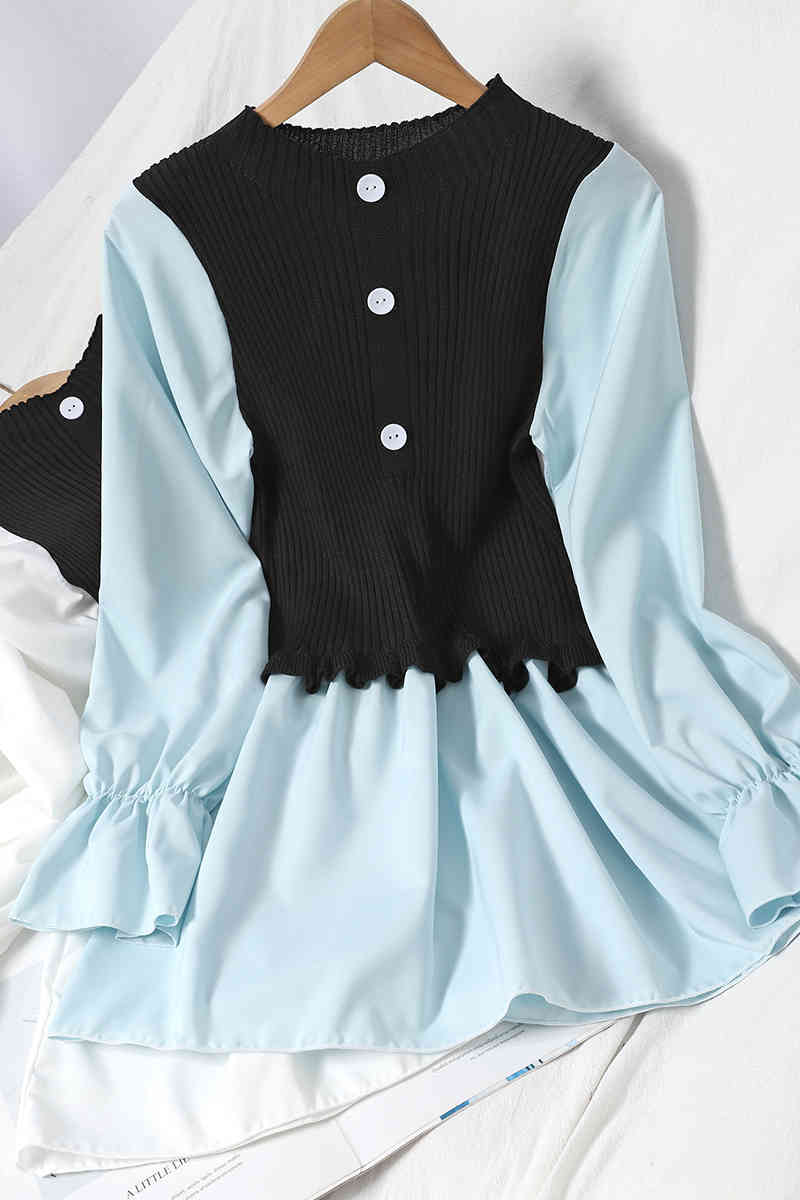 Nomikuma Knitted Patchwork Pullover Women Blouse Korean Buttons Long Sleeve O-neck Shirt Spring New Blusas Feminimos 6D989 210427