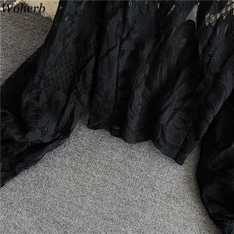 Blusas Mujer De Moda Stand Neck Lantern Sleeve Shirts Tops Hollow Out Chic Loose See Through Blouses Women 210519
