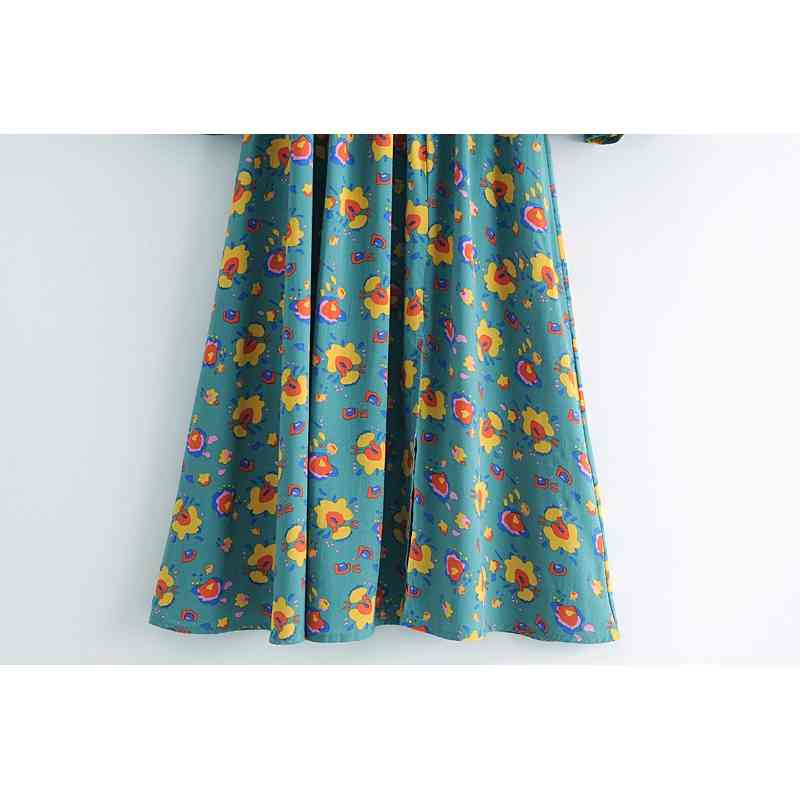 Fashion Boho Style Vintage Floral Print Midi Dress Women Summer Holiday Chic Elastic Chest Long Sleeve Split Dresses 210508