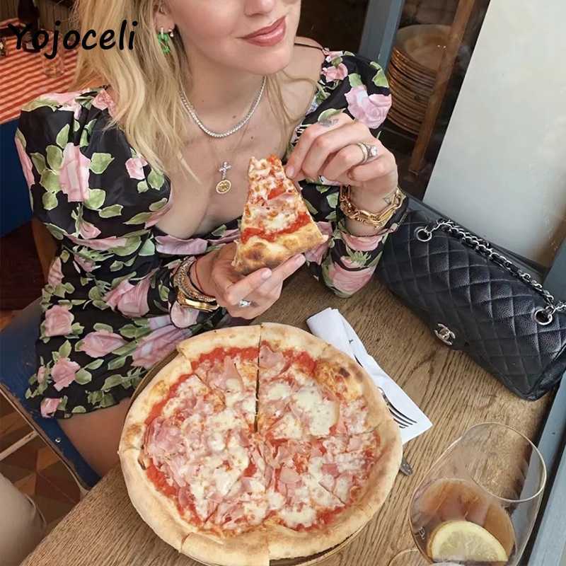 Yojoceli puff sleeve square neck mini dres floral print party club female vestidos 210609