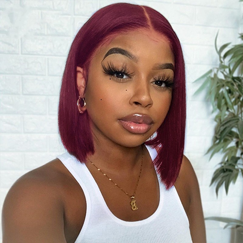 Short Bob Lace Front Synthetic Hair Wigs For Women Burgundy Color Preplucked With Babyhair Glueless Heat Resistant Daily/Cosplay