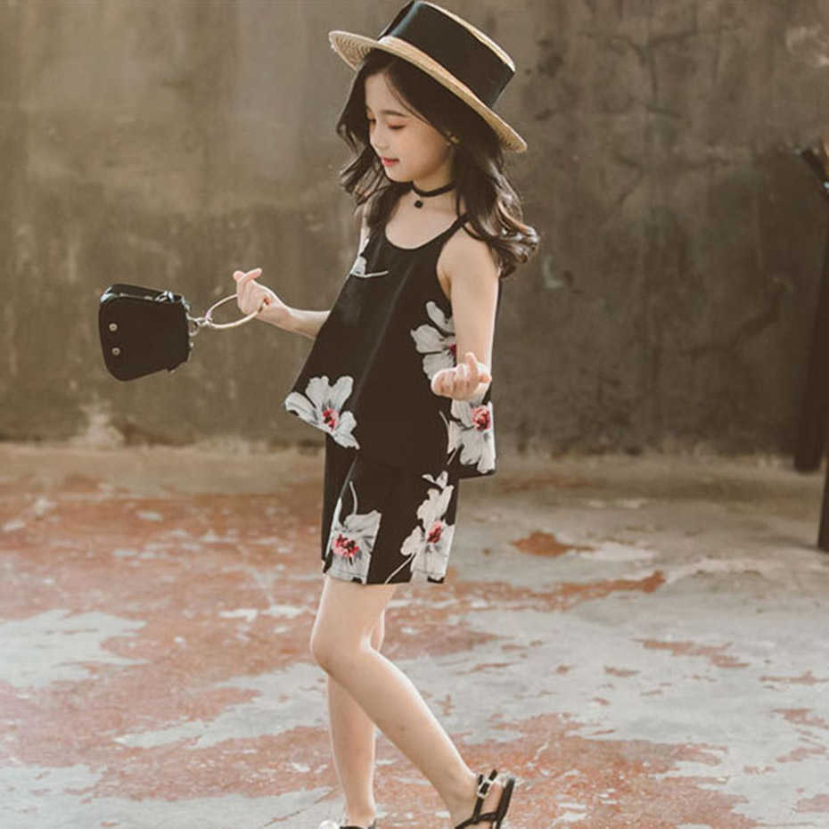 Set Clothes For Girls Floral Vest + Short 2PCS Children'S Costumes Big Kids Summer 6 8 10 12 13 14 Year 210527