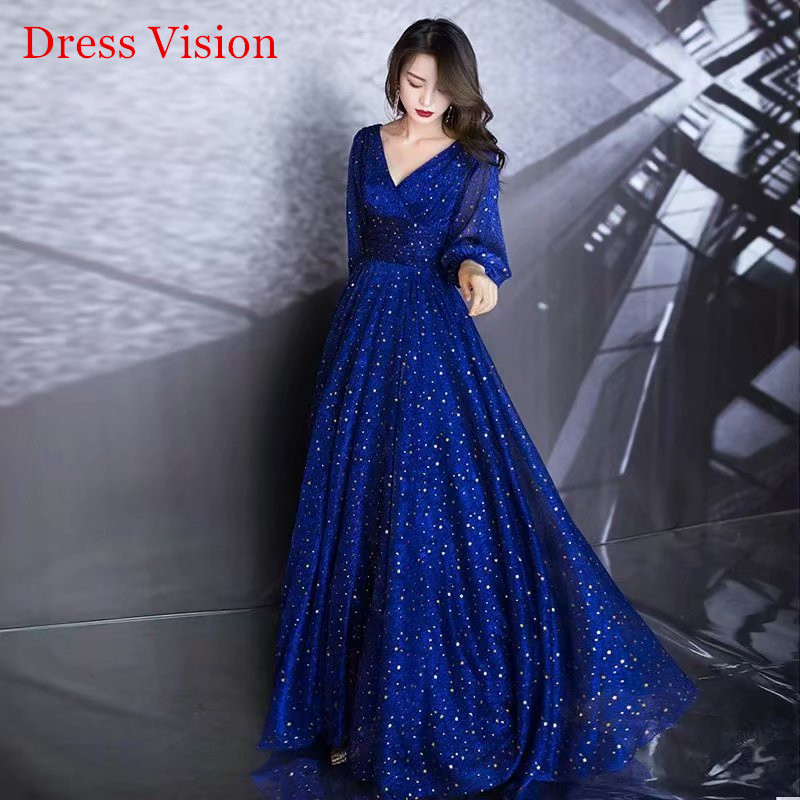 Robe De Soiree Blue V-Neck Evening Dresses Three Quarter Sleeves Party Gowns Silver Star Floor Length, White
Robe De Soiree Blue V-Neck Evening Dresses Three Quarter Sleeves Party Gowns Silver Star Floor Length, White