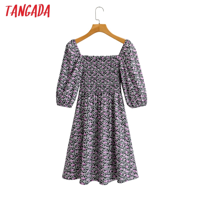 Summer Women Print Strethy Puff Short Sleeve Ladies Mini Dress Vestidos 1F57 210416