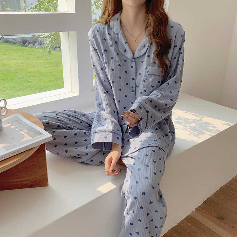 Autumn Winter Sleepwear 2 Pieces Sets For Women's Cotton Pajamas Turn-down Collar Homewear Large Size Pijama Pyjama Female 211007
