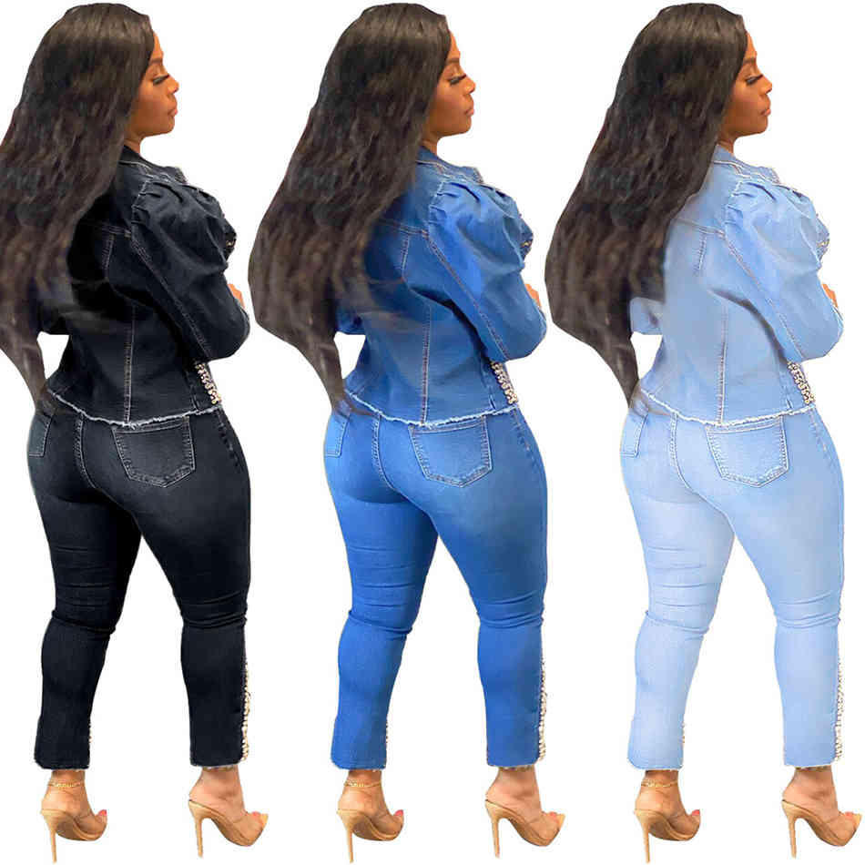 Free Elegant Women's Beaded Denim Suit Lapel Long Sleeve Single-breasted Jacket & Pencil Pants Two-Piece Set 210524