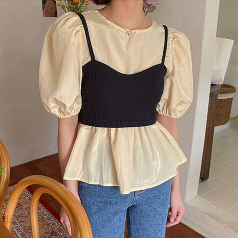 Korejpaa Women Blouses Summer Korean Round Collar Micro-bubble Bubble Sleeve Shirt and Simple Sling Knitted Vest Suit Top 210526