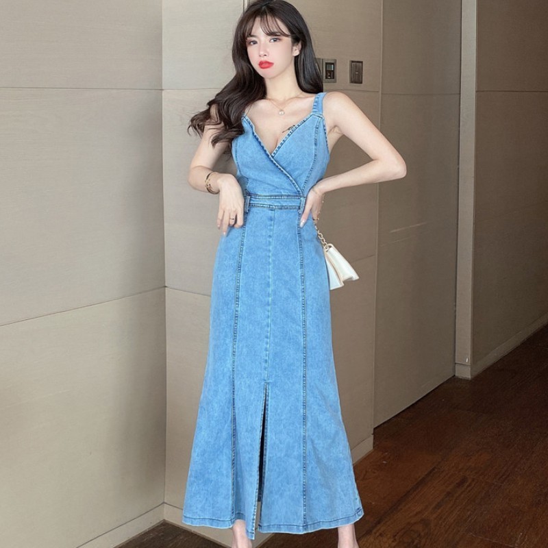 Denim Solid Dress Women Summer Korean Sexy V-Neck Spaghetti Strap Elegant High Waist Bodycon Slim Long Dresses Vestidos 210519