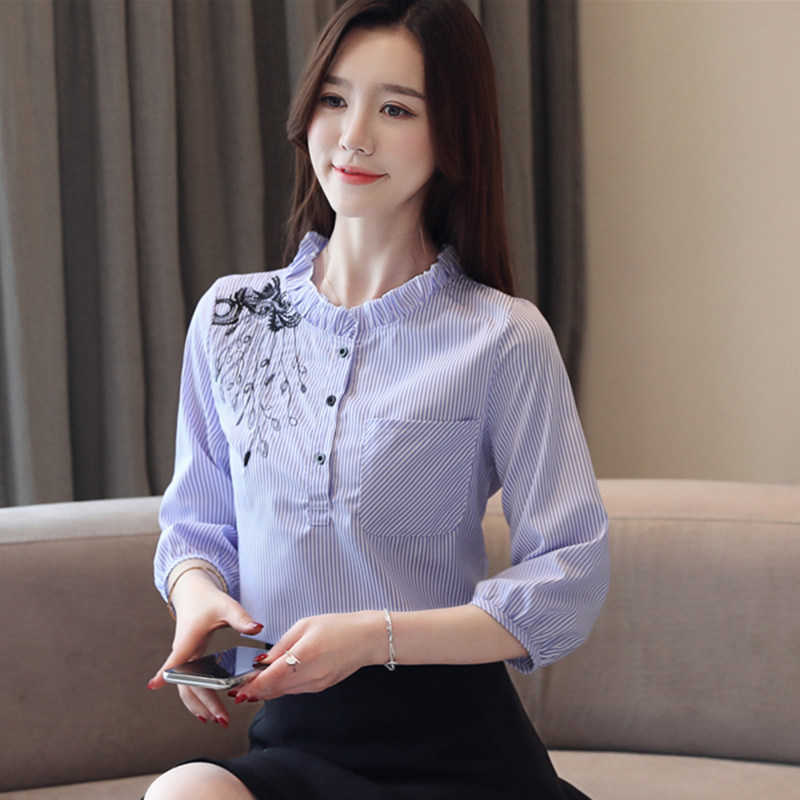 Korean Women Blouses Shirts Chiffon Shirt Woman Embroidery Printing Tops Plus Size Striped Blouse Top 210604, Pink 
Korean Women Blouses Shirts Chiffon Shirt Woman Embroidery Printing Tops Plus Size Striped Blouse Top 210604, Pink