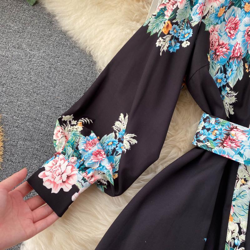 Spring Autumn Retro Print Maxi Dress For Women Korean Turn-down Collar Puff Sleeve A-line Dresses Bohemian Streetwear 210428