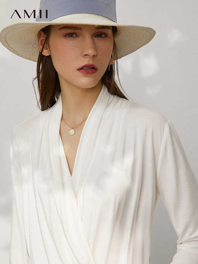 Minimalism Spring Women's Blouse Causal Solid Vneck Modal Loose Female Tshirt Offical Lady Shirt Tops 12140368 210527