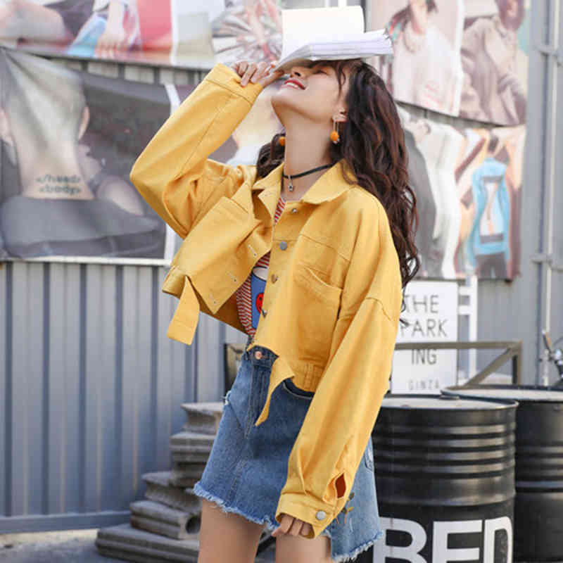 Arrival Spring Korea Fashion Women Long Sleeve Loose Short Coat Candy Color Cotton Denim Jackets Female Retro Coats S184 210512