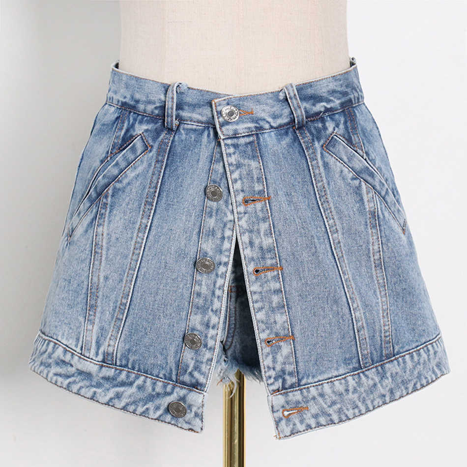 Summer A-Line Casual Button Fringed Shorts Female High Waist Mini Denim Skirt Fashion Trendy 210525