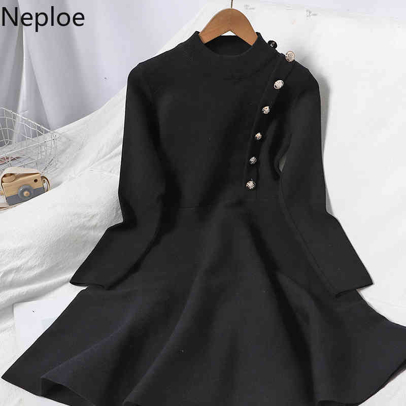 Neploe Knitted Elegant Woman Dress O-neck Single Breasted Vestidos Long Sleeve High Waist A-Line Slim Robe Dresses Women 4G943 210422