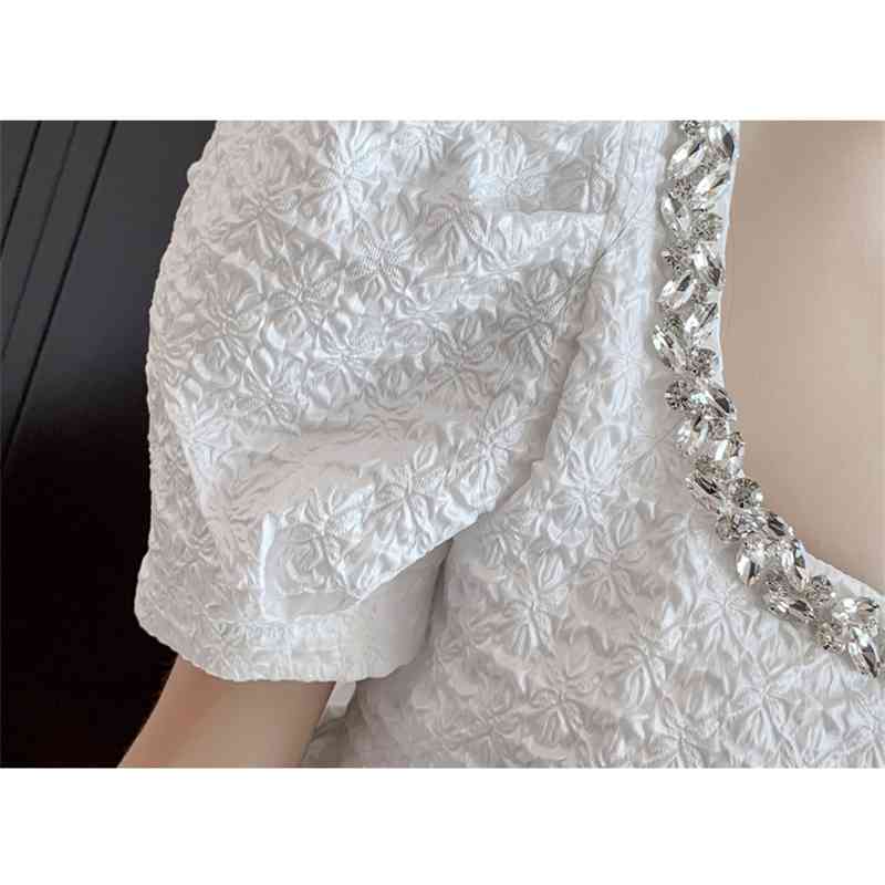 Fashion Women Sweet Dresses Summer White Puff Sleeve Diamond Square Collar High Waist Slim Dress 210519
